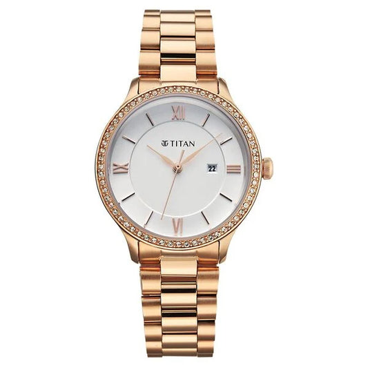 Titan Purple Prestige Quartz Analog with Date White Dial Rose Gold Stainless Steel Strap Watch For Women