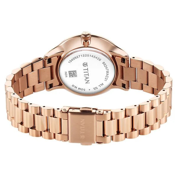 Titan Purple Prestige Quartz Analog with Date White Dial Rose Gold Stainless Steel Strap Watch For Women