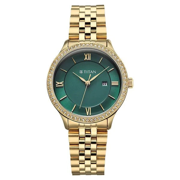 Titan Purple Prestige Quartz Analog with Date Green Dial Golden Stainless Steel Strap Watch For Women