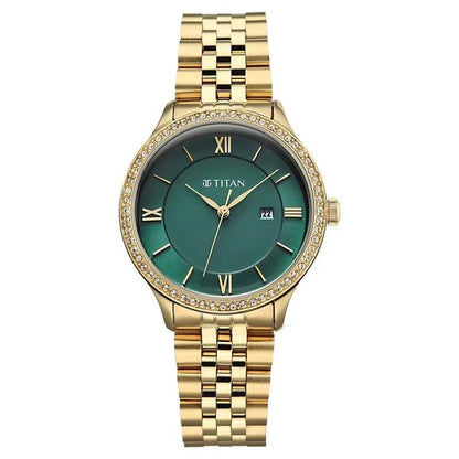 Titan Purple Prestige Quartz Analog with Date Green Dial Golden Stainless Steel Strap Watch For Women