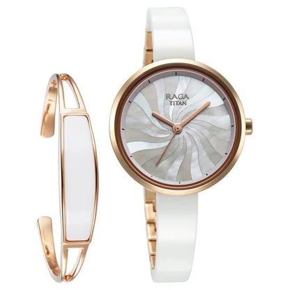 Titan Raga Memoirs Quartz Analog Mother Of Pearl Dial With White Ceramic Strap Watch For Women nu95253kd01f
