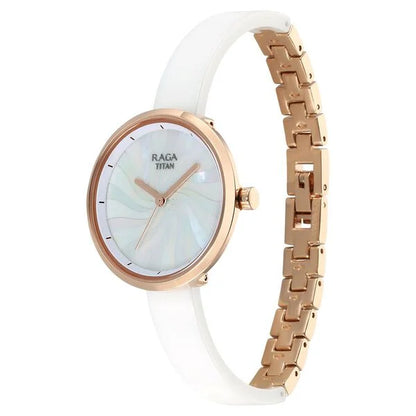Titan Raga Memoirs Quartz Analog Mother Of Pearl Dial With White Ceramic Strap Watch For Women nu95253kd01f