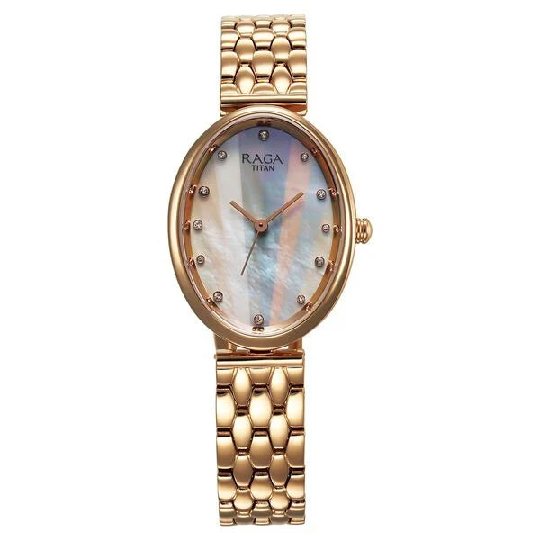 Titan Raga Memoirs Quartz Analog Mother Of Pearl Dial Rose Gold Metal Strap Oval Shaped Watch For Women nt95258wm01f