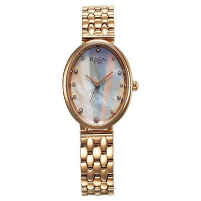Titan Raga Memoirs Quartz Analog Mother Of Pearl Dial Rose Gold Metal Strap Oval Shaped Watch For Women nt95258wm01f