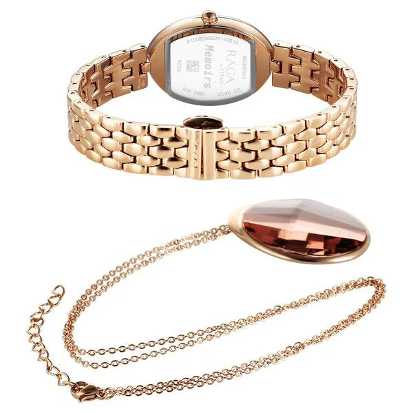 Titan Raga Memoirs Quartz Analog Mother Of Pearl Dial Rose Gold Metal Strap Oval Shaped Watch For Women nt95258wm01f