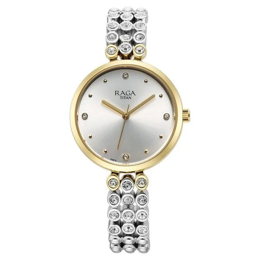 Titan Raga Showstopper Quartz Analog Silver Dial Metal Strap Watch for Women nu95262bm01