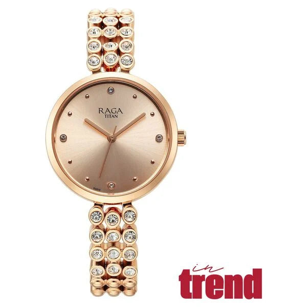 Titan Raga Showstopper Quartz Analog Rose Gold Dial Metal Strap Watch for Women nu95262wm01