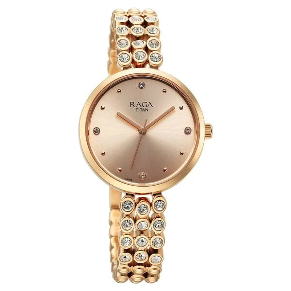 Titan Raga Showstopper Quartz Analog Rose Gold Dial Metal Strap Watch for Women nu95262wm01