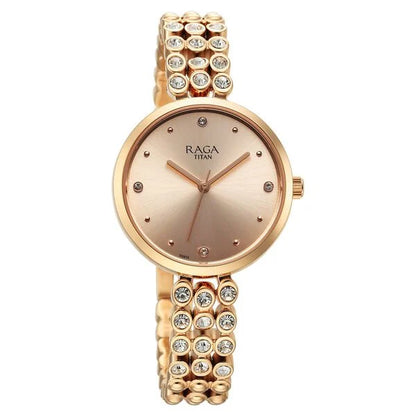 Titan Raga Showstopper Quartz Analog Rose Gold Dial Metal Strap Watch for Women nu95262wm01