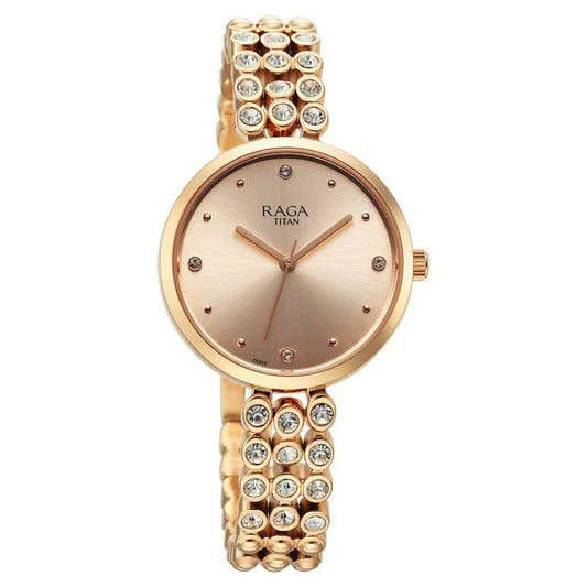 Titan Raga Showstopper Quartz Analog Rose Gold Dial Metal Strap Watch for Women nu95262wm01
