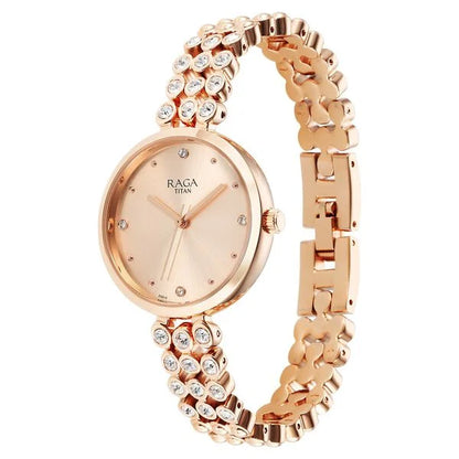 Titan Raga Showstopper Quartz Analog Rose Gold Dial Metal Strap Watch for Women nu95262wm01