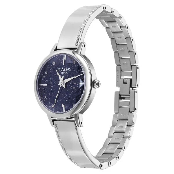 Titan Raga Showstopper Quartz Analog Blue Dial Silver Metal Strap Watch For Women nu95267sm01 Women's Watch