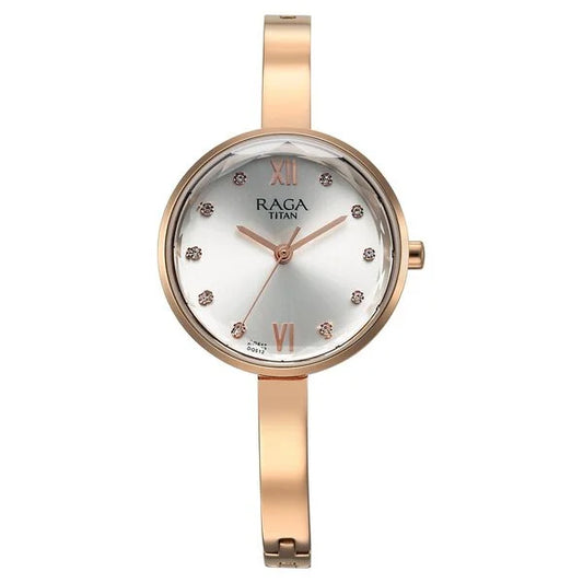 Titan Raga Showstopper Quartz Analog Silver Dial Rose Gold Metal Strap Watch For Women nt95271wm02