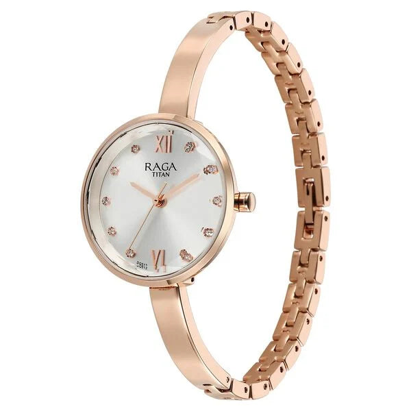 Titan Raga Showstopper Quartz Analog Silver Dial Rose Gold Metal Strap Watch For Women nt95271wm02