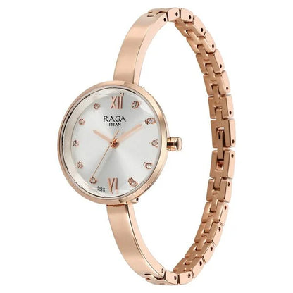 Titan Raga Showstopper Quartz Analog Silver Dial Rose Gold Metal Strap Watch For Women nt95271wm02