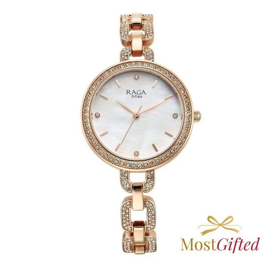 Titan Raga Showstopper Quartz Analog Mother Of Pearl Dial Rose Gold Metal Strap Watch For Women nu95272wm01
