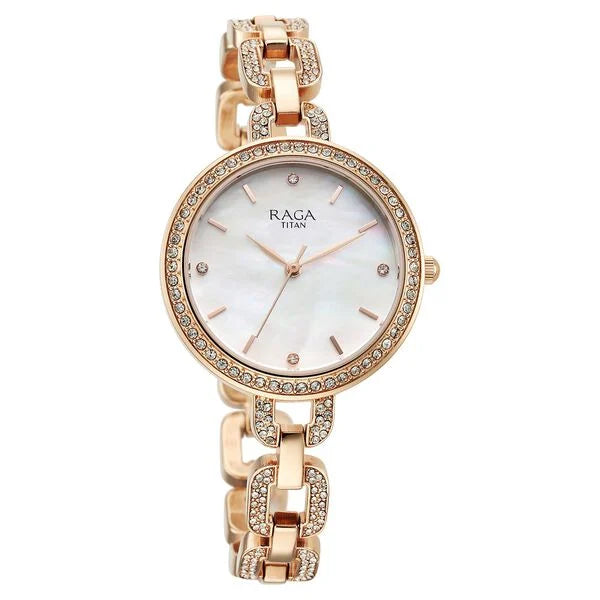 Titan Raga Showstopper Quartz Analog Mother Of Pearl Dial Rose Gold Metal Strap Watch For Women nu95272wm01