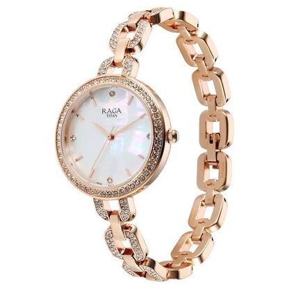 Titan Raga Showstopper Quartz Analog Mother Of Pearl Dial Rose Gold Metal Strap Watch For Women nu95272wm01