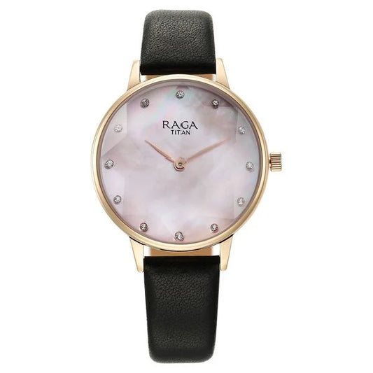 Titan Raga Showstopper Quartz Analog Mother Of Pearl Dial Leather Strap Watch for Women nt95274wl01