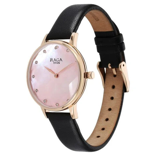 Titan Raga Showstopper Quartz Analog Mother Of Pearl Dial Leather Strap Watch for Women nt95274wl01