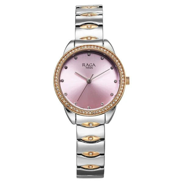 Titan Raga Showstopper Quartz Analog Purple Dial Two Toned Metal Strap Watch For Women nt95281km01