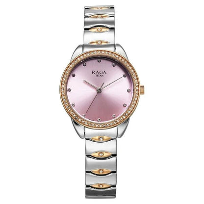 Titan Raga Showstopper Quartz Analog Purple Dial Two Toned Metal Strap Watch For Women nt95281km01