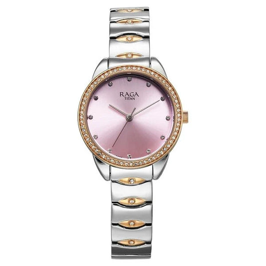 Titan Raga Showstopper Quartz Analog Purple Dial Two Toned Metal Strap Watch For Women nt95281km01