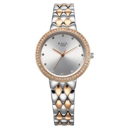 Titan Raga Showstopper Quartz Analog Silver Round Dial Two Toned Metal Strap Watch For Women nt95282km01