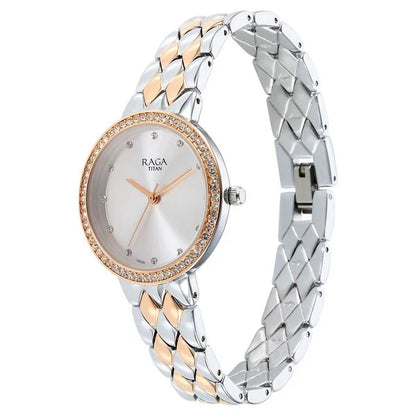 Titan Raga Showstopper Quartz Analog Silver Round Dial Two Toned Metal Strap Watch For Women nt95282km01