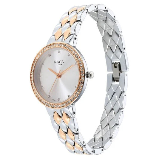 Titan Raga Showstopper Quartz Analog Silver Round Dial Two Toned Metal Strap Watch For Women nt95282km01
