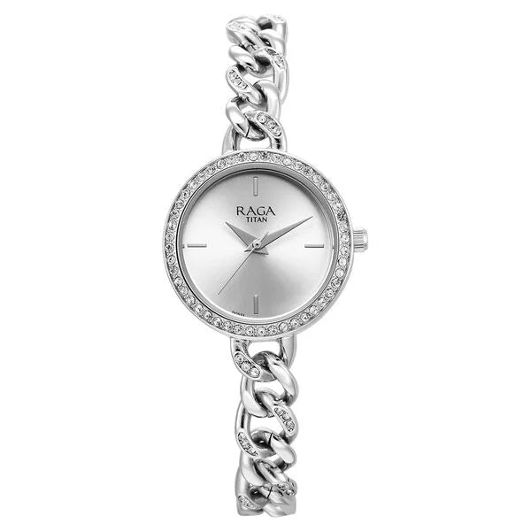 Titan Raga Showstopper Quartz Analog Silver Dial Metal Strap Watch for Women nu95288sm01