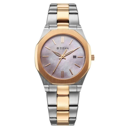 Titan Workday Wonders Quartz Analog with Date Pink Mother Of Pearl Dial Stainless Steel Strap Watch For Women 95295km01