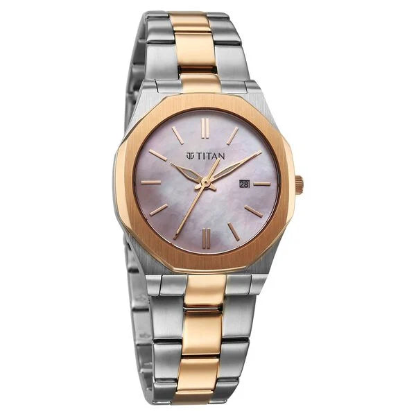 Titan Workday Wonders Quartz Analog with Date Pink Mother Of Pearl Dial Stainless Steel Strap Watch For Women 95295km01