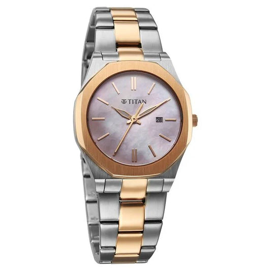 Titan Workday Wonders Quartz Analog with Date Pink Mother Of Pearl Dial Stainless Steel Strap Watch For Women 95295km01