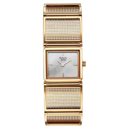 Titan Raga Ethereal Quartz Analog White Mother Of Pearl Dial Rose Gold Stainless Steel Strap Watch For Women nu95300wm01