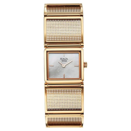 Titan Raga Ethereal Quartz Analog White Mother Of Pearl Dial Rose Gold Stainless Steel Strap Watch For Women nu95300wm01