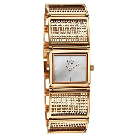 Titan Raga Ethereal Quartz Analog White Mother Of Pearl Dial Rose Gold Stainless Steel Strap Watch For Women nu95300wm01
