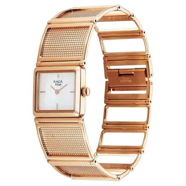 Titan Raga Ethereal Quartz Analog White Mother Of Pearl Dial Rose Gold Stainless Steel Strap Watch For Women nu95300wm01