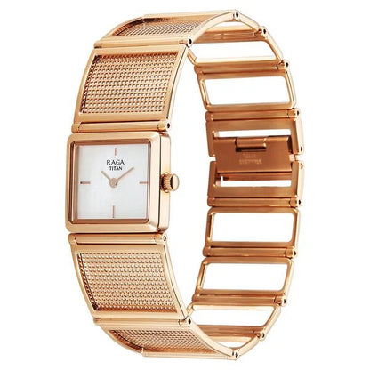 Titan Raga Ethereal Quartz Analog White Mother Of Pearl Dial Rose Gold Stainless Steel Strap Watch For Women nu95300wm01
