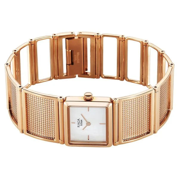 Titan Raga Ethereal Quartz Analog White Mother Of Pearl Dial Rose Gold Stainless Steel Strap Watch For Women nu95300wm01