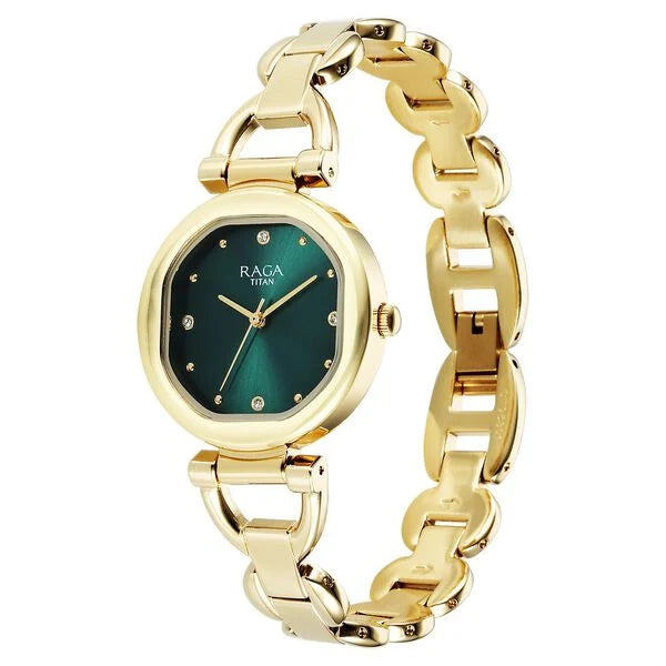 Titan Raga Showstopper Quartz Analog Green Dial Metal Strap Watch For Women nu95301ym01 Women's Watch