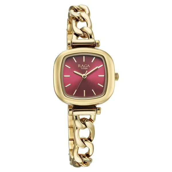 Titan Raga Showstopper Quartz Analog Maroon Dial Metal Strap Watch For Women nu95302ym01