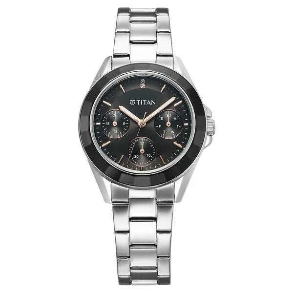 Titan Glamour Quartz Multifunction Black Dial Silver Stainless Steel Strap Watch For Women nu95315km01