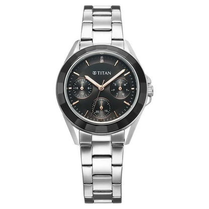 Titan Glamour Quartz Multifunction Black Dial Silver Stainless Steel Strap Watch For Women nu95315km01