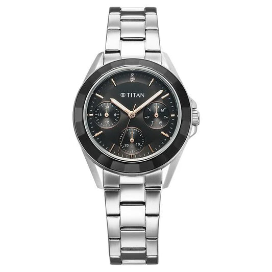 Titan Glamour Quartz Multifunction Black Dial Silver Stainless Steel Strap Watch For Women nu95315km01