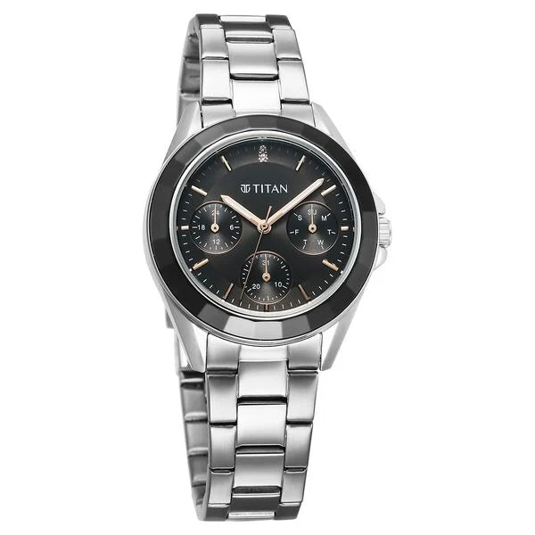 Titan Glamour Quartz Multifunction Black Dial Silver Stainless Steel Strap Watch For Women nu95315km01