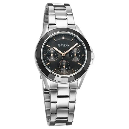 Titan Glamour Quartz Multifunction Black Dial Silver Stainless Steel Strap Watch For Women nu95315km01