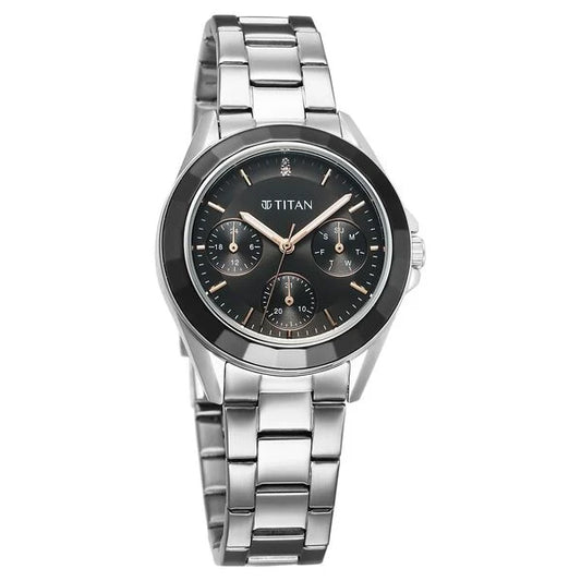 Titan Glamour Quartz Multifunction Black Dial Silver Stainless Steel Strap Watch For Women nu95315km01