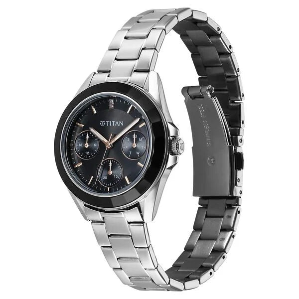Titan Glamour Quartz Multifunction Black Dial Silver Stainless Steel Strap Watch For Women nu95315km01