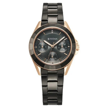 Titan Purple Glamour Quartz Multifunction Grey Dial Black Stainless Steel Strap Watch For Women nu95315km02